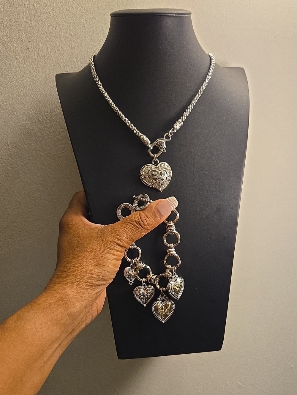 Silver Heart Charm Necklace and Bracelet Set - Women Jewelry